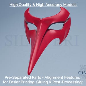 May include: A bright red mask with a long, pointed nose and eye openings. The mask is a 3D model with the text "High Quality & High Accuracy Models" and "Pre-Separated Parts + Alignment Features for Easier Printing, Gluing & Post-Processing!"