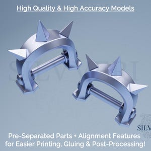 May include: Two silver-coloured, arch-shaped 3D model components featuring three pointed spikes on each top surface and a horizontal cylindrical bar connecting the base ends. Text reads: High Quality & High Accuracy Models and Pre-Separated Parts + Alignment Features for Easier Printing, Gluing & Post-Processing! SILVVERI.