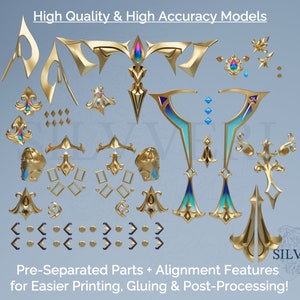 Puede incluir: Una colección de piezas impresas en 3D pre-separadas para una pieza decorativa. Las piezas son doradas, azules y turquesa con detalles intrincados. El texto "High Quality & High Accuracy Models" y "Pre-Separated Parts + Alignment Features for Easier Printing, Gluing & Post-Processing!" está incluido en la imagen. El texto "SILVVERI" también está incluido en la imagen.