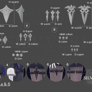 Pu&ograve; includere: Diagramma che mostra le misure di due diversi tipi di ornamenti in metallo argentato. Gli ornamenti hanno la forma di un diamante e di una punta. Il diagramma mostra anche due diversi tipi di abbigliamento con gli ornamenti attaccati. Il testo "Parts 4 & 6" e "SILVVERI" &egrave; incluso anche nell'immagine.