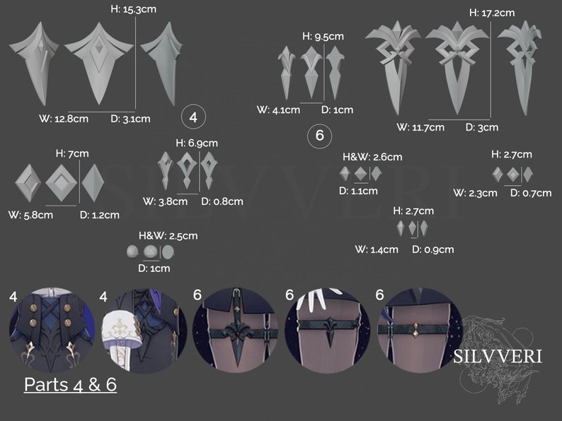 Pu&ograve; includere: Diagramma che mostra le misure di due diversi tipi di ornamenti in metallo argentato. Gli ornamenti hanno la forma di un diamante e di una punta. Il diagramma mostra anche due diversi tipi di abbigliamento con gli ornamenti attaccati. Il testo "Parts 4 & 6" e "SILVVERI" &egrave; incluso anche nell'immagine.