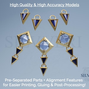 Könnte beinhalten: Goldfarbener geometrischer Schmuck mit blauen Akzenten, darunter Ohrringe und Anhänger. Das Bild enthält den Text "High Quality & High Accuracy Models" und "Pre-Separated parts + Alignment Features for Easier Printing, Gluing & Post-Processing!"