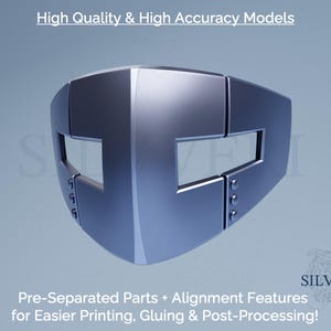 May include: A metallic silver mask with rectangular and square cutouts. The mask has a geometric design with rivets on the side. Text on the image reads "High Quality & High Accuracy Models" and "Pre-Separated Parts + Alignment Features for Easier Printing, Gluing & Post-Processing!"