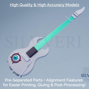 May include: A stylized white electric guitar with a teal neck and an eye-shaped sound hole. The image includes the text "High Quality & High Accuracy Models" and "Pre-Separated Parts + Alignment Features for Easier Printing, Gluing & Post-Processing!"