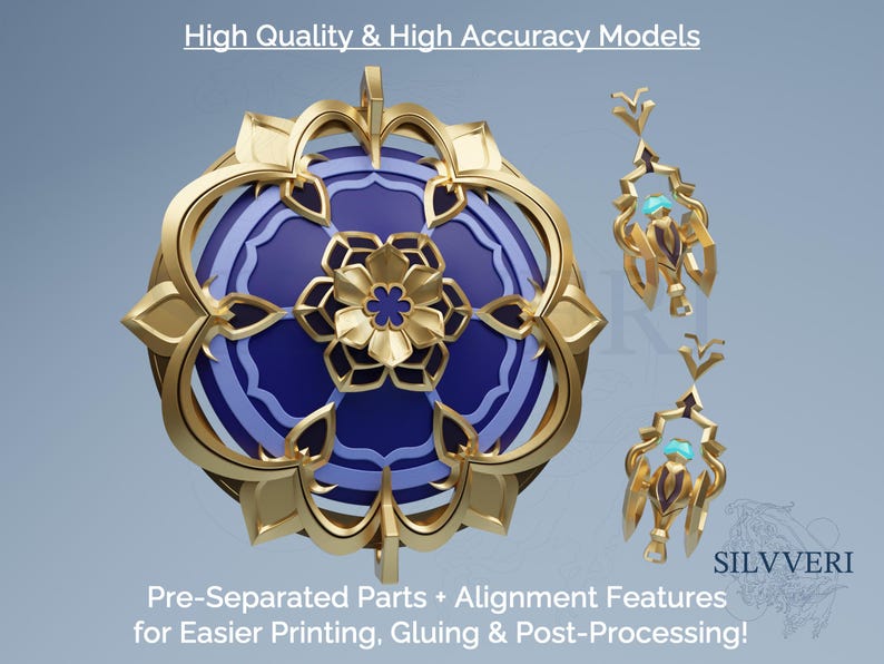 May include: A gold and blue decorative wall hanging with intricate floral designs. The hanging is made up of multiple pieces that can be assembled for easier printing, gluing, and post-processing. The text "SILVVERI" is visible in the lower right corner of the image.
