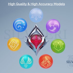 Op de afbeelding: Een geometrisch ontwerp in zilver en rood met zeven kleurrijke bollen eromheen. Elke bol heeft een ander symbool erin. De tekst "High Quality & High Accuracy Models" staat bovenaan de afbeelding. De tekst "SILVVERI" staat onderaan de afbeelding.