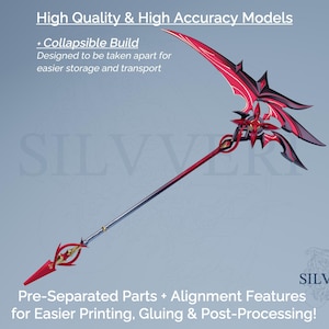 May include: A red and black scythe with a silver shaft, designed for easy storage and transport. The image includes text that reads "High Quality & High Accuracy Models" and "Collapsible Build". The scythe is designed with pre-separated parts for easier printing, gluing, and post-processing.