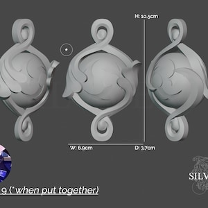 Pu&ograve; includere: Un ciondolo stampato in 3D con un design dettagliato e intricato. Il ciondolo &egrave; composto da 9 parti e misura 6,9 cm di larghezza, 10,5 cm di altezza e 3,7 cm di profondit&agrave;. Il ciondolo &egrave; di colore argento e ha una finitura liscia e lucida.