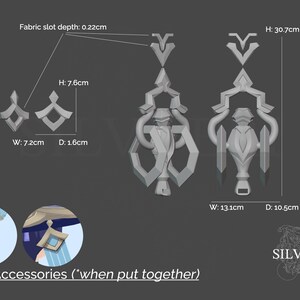 May include: A set of 3D printed hat accessories, featuring a geometric design with a fabric slot depth of 0.22 inches. The accessories are 7.6 inches tall and 7.2 inches wide. The larger accessory is 30.7 inches tall, 13.1 inches wide, and 10.5 inches deep.