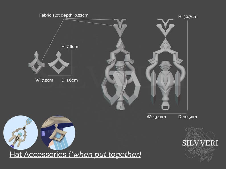 May include: A set of 3D printed hat accessories, featuring a geometric design with a fabric slot depth of 0.22 inches. The accessories are 7.6 inches tall and 7.2 inches wide. The larger accessory is 30.7 inches tall, 13.1 inches wide, and 10.5 inches deep.