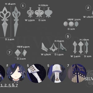 Pu&ograve; includere: Diagramma che mostra sette diversi pezzi di metallo per un costume, con misure in centimetri. I pezzi sono etichettati come 1, 2, 5 e 7. L'immagine mostra anche un personaggio che indossa il costume, con il testo "Parts 1, 2, 5 & 7" e "SILVVERI".