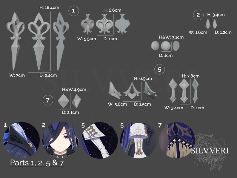 Pu&ograve; includere: Diagramma che mostra sette diversi pezzi di metallo per un costume, con misure in centimetri. I pezzi sono etichettati come 1, 2, 5 e 7. L'immagine mostra anche un personaggio che indossa il costume, con il testo "Parts 1, 2, 5 & 7" e "SILVVERI".