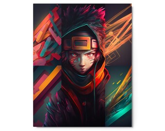 May include: A digital illustration of a person with red and black hair wearing a black hooded jacket with a red and orange scarf. The person has a yellow headband with a red rectangle on it. The background is a mix of abstract shapes in shades of orange, yellow, and blue.