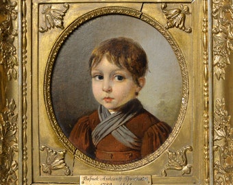 Portrait of Child winter dress 19C Oil painting by Russian master
