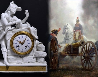 Figurativo Bisque Porcelana w Bronce Dorado Reloj Oficial Napoleónico Siglo XIX