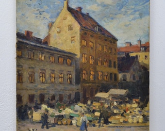 Early 20th C Scandinavian Impressionist Cityscape Market Square Oil Painting