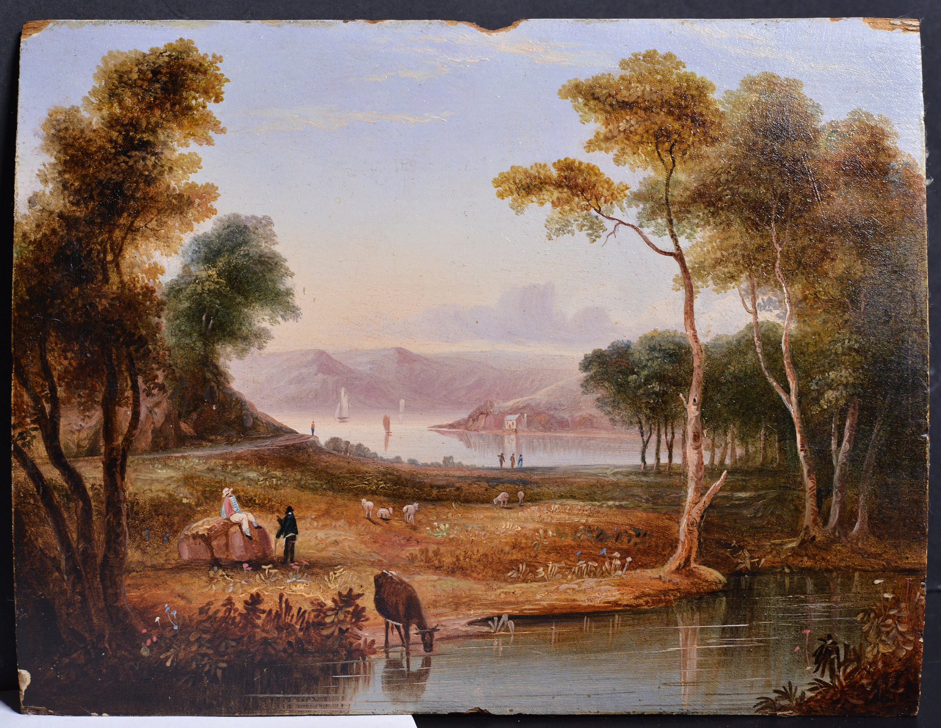 Paisaje pastoral en miniatura Romanticismo del siglo XIX Pintura al óleo sobre madera