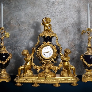 French Louis XVI style Clock 2 dials Gilt Bronze w Sèvres Porcelain 19th century