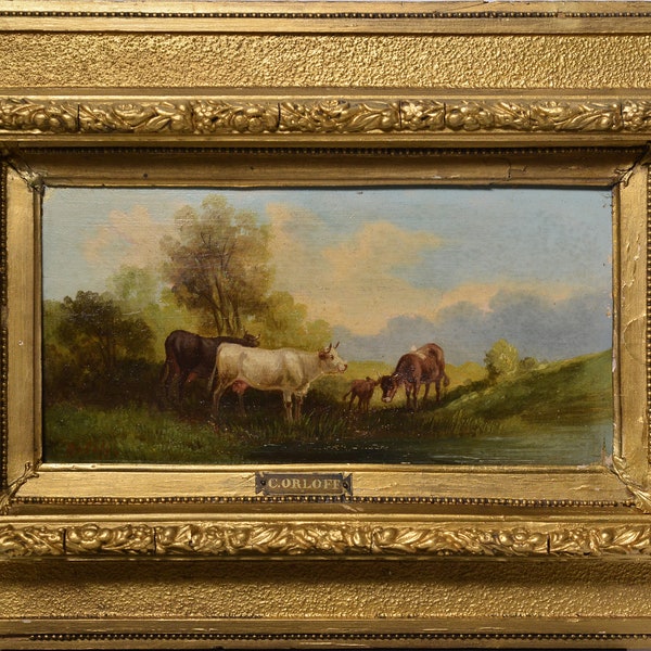 Paysage pastoral avec des vaches, peinture à l'huile du XIXe siècle par un maître russe