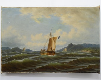 Paisaje marino romántico sueco al óleo de 1857 con barcos de pesca y vela, firmado por Marcus Larson