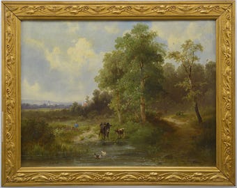 Laat 19e-eeuws Europees zomerpastoraal landschap olieverfschilderij vergulde lijst