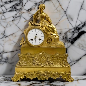 Italian Girl with Mandolin French Gilt Bronze Figural Clock 19th century