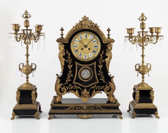 Reloj Boulle antiguo Luis XV, conjunto de madera negra y bronce dorado, siglo XIX