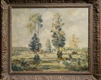 Journée sereine dans un manoir de campagne, paysage de 1927, peinture à l'huile par un artiste suédois