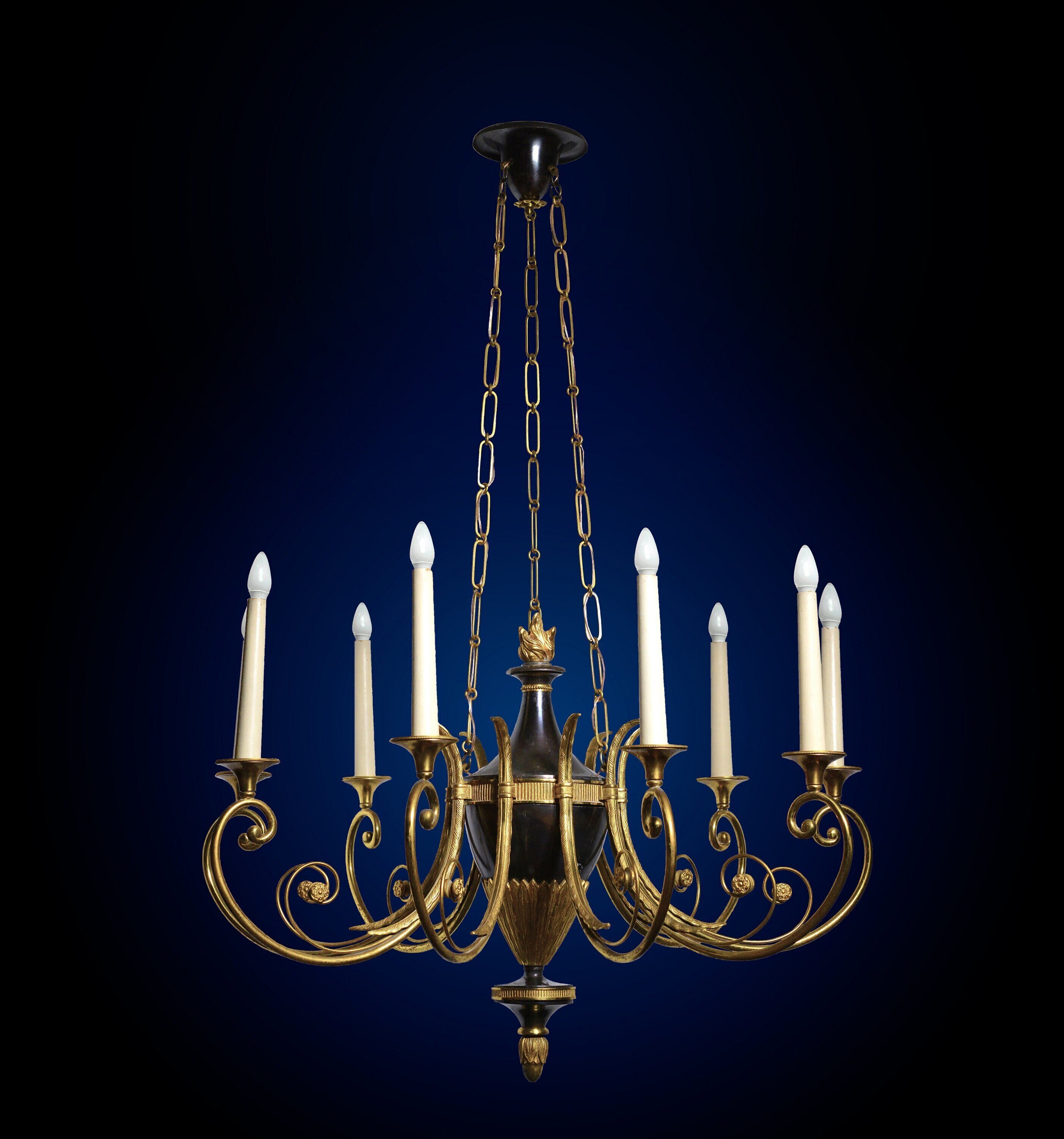 Empire Antique Chandelier Gilt Bronze and Oxidized 9 light early 20th century