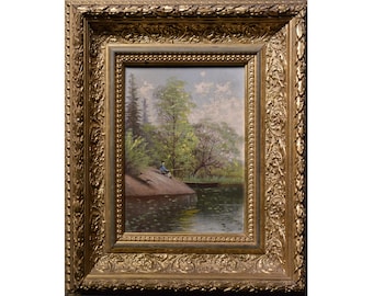 Warm summer sunny landscape w Fisherman on rock early 20C antique oil painting