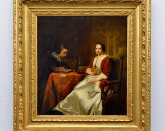 19e-eeuws antiek Nederlands olieverfschilderij interieur scène paar lezen ingelijst