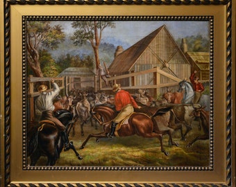 Animal genre scene Cowboys at work Early 20th century Oil painting on canvas