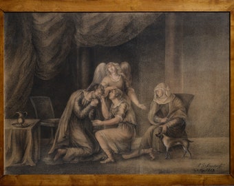Alte Testament Szene mit Engel 1813 Große Grisaille Zeichnung auf Papier Signiert