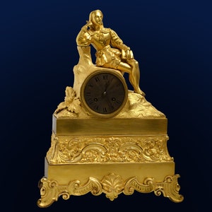 French Gilt Bronze Figural Antique Clock w Renaissance Poet early 19th century