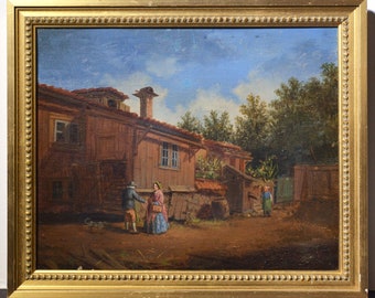 Genre scene in Old Stockholm 19th century oil painting Signed by Erik Magnus