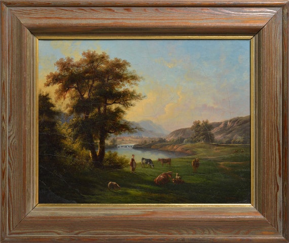 Swiss Pastoral landscape Alpine valley early 19th century Oil painting by Hess