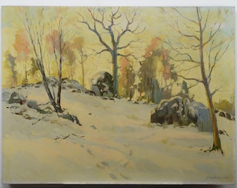 Peter Kurbatov 1946 Russian Oil Painting Winter Landscape Enigmatic Footprints