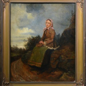 Late 19th Century Antique Oil Portrait of Young Peasant Girl Resting by Road