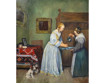 Interior scene of Handwashing Vintage quality oil painting Old masters style
