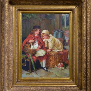 Petites filles et leurs nouveaux amis Scène de genre XIXe siècle Peinture à l'huile sur bois