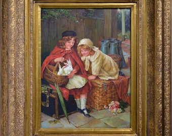 Little Girls and Their New Friends Genre Scene 19th century Oil Painting on Wood