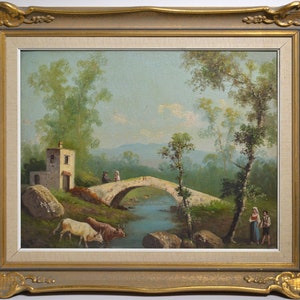 Italian Pastoral Landscape Bridge over River 20th century Vintage Oil Painting