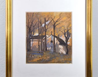 Paisagem de outono pós-impressionista do início do século XX, técnica mista, assinada e emoldurada.