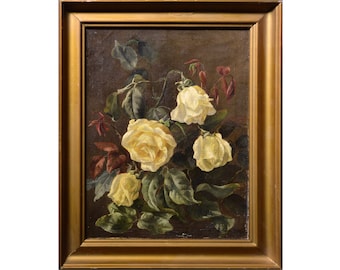 Still life Bouquet of white roses 19th century Oil painting n frame Signed
