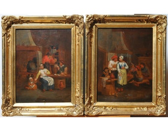 17C baroque Dutch pair antique oil paintings on wood Fine genre scenes in tavern