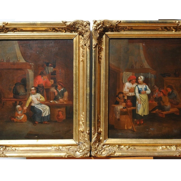 17C baroque hollandais paire de peintures à l’huile antiques sur bois Fines scènes de genre dans une taverne