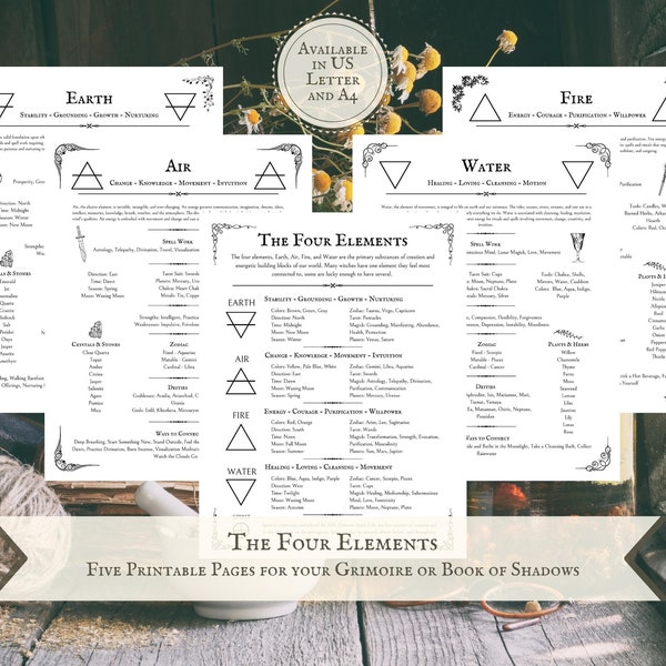 Four Elements Printables, Grimoire Printables, Book of Shadows Printable Pages, Witch Printables, Beginner Witch