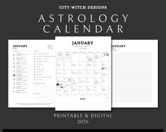 Calendario astrológico 2026: Zodíaco, planetas, fases lunares, estaciones, sabbats (PDF imprimible y PNG digital)