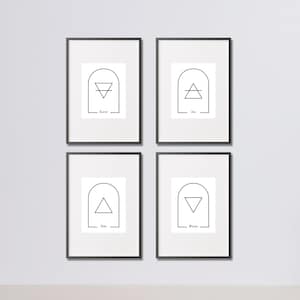 Conjunto de impresiones de los cuatro elementos: arte mural minimalista: Tierra, Aire, Fuego y Agua, fondo blanco, símbolos de alquimia.
