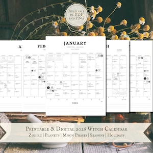 May include: A stack of printable 2026 witch calendars with monthly layouts. The calendars feature zodiac signs, moon phases, and holidays. The image includes text that says "Printable & Digital 2026 Witch Calendar" and "Available in PDF and PNG."